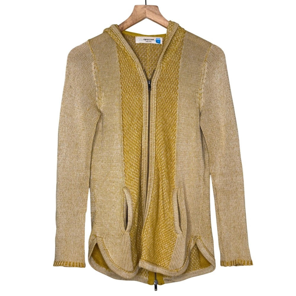 Sparrow Anthropologie Mustard Yellow Knit Hooded Full Zip Cardigan Sweater Small